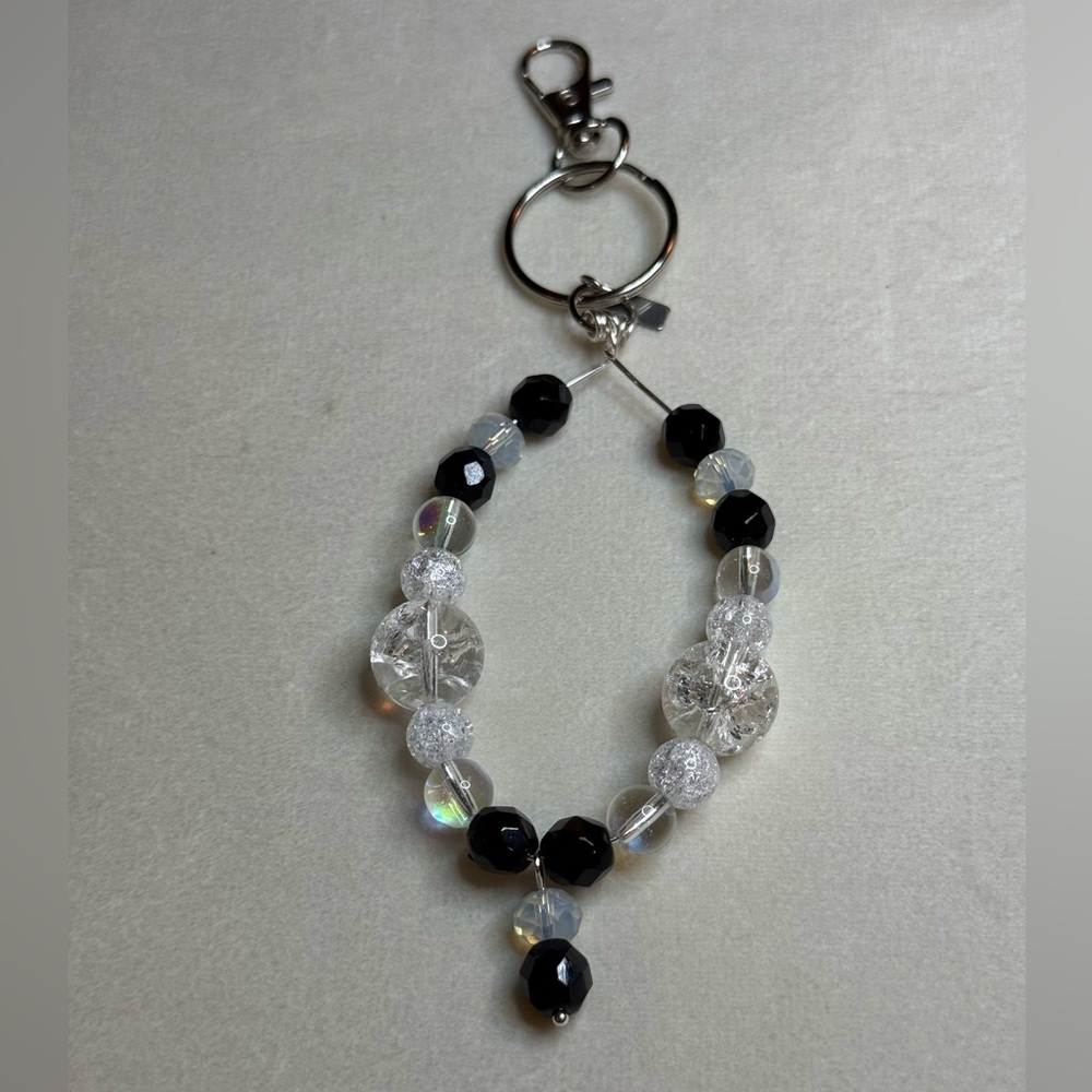 Silver Black & White Beaded Keychain/ Purse Charm